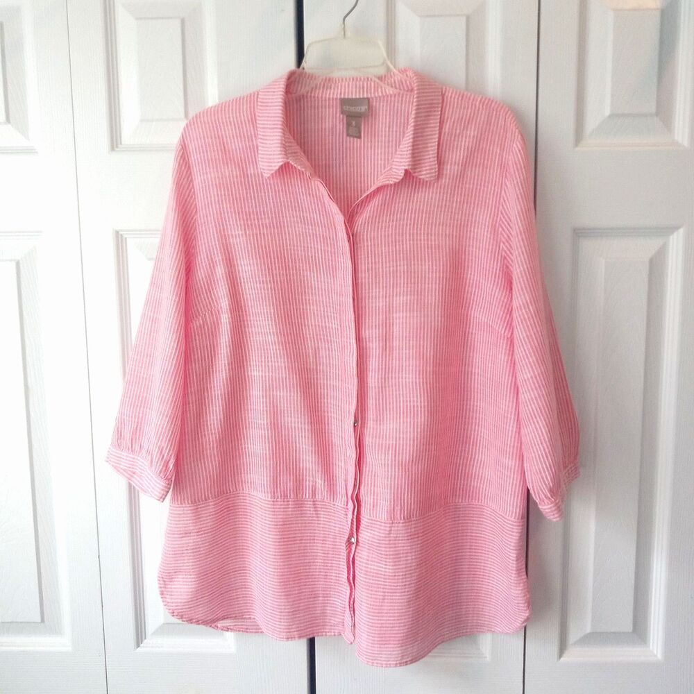 Chicos Size 3 XL Button Front Blouse Top Cotton Pink White